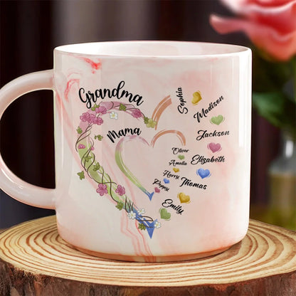 Mom & Grandma Floral Heart With Kid Names - Personalized Marble Mug - Gift For Mom, Grandma, Mother's Day, Birthday Gift