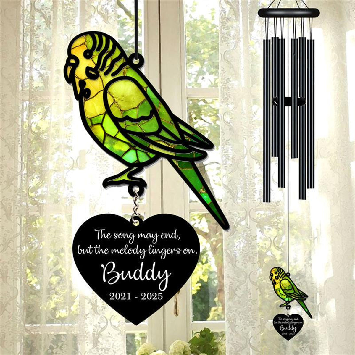 Personalized Memorial Wind Chime, Budgerigar Wind Chime, Parakeet Suncatcher Wind Chime, In Loving Memory, Family Gift, Pet Loss Gift