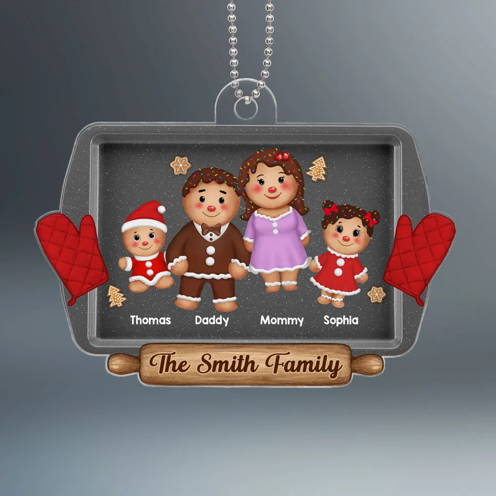 Gingerbread Cookie Family On Baking Tray - Personalized Acrylic Ornament - Christmas Gift For Family