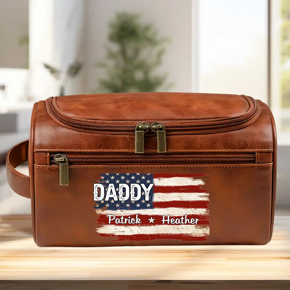 Proud To Be American Dad - Personalized Leather Toiletry Bag - Gift For Father, Gift For Grandpa, Father's Day Gift