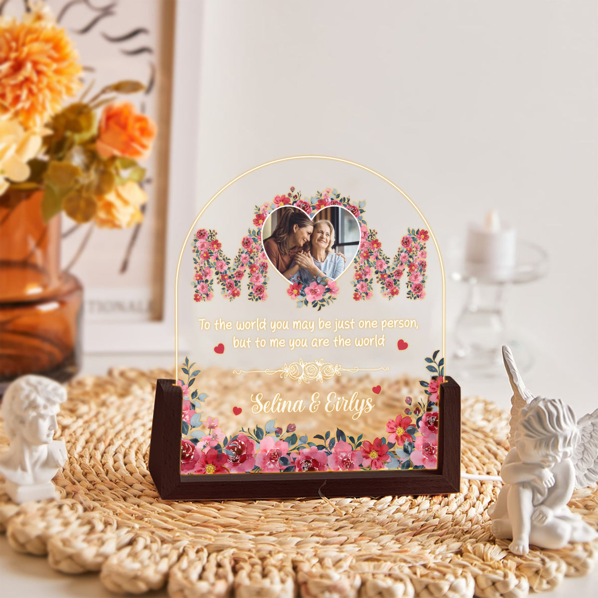 Personalized Mom Flower with Kids Names Plaque Light, Gifts for Mom, Grandma, Mother's Day Gift