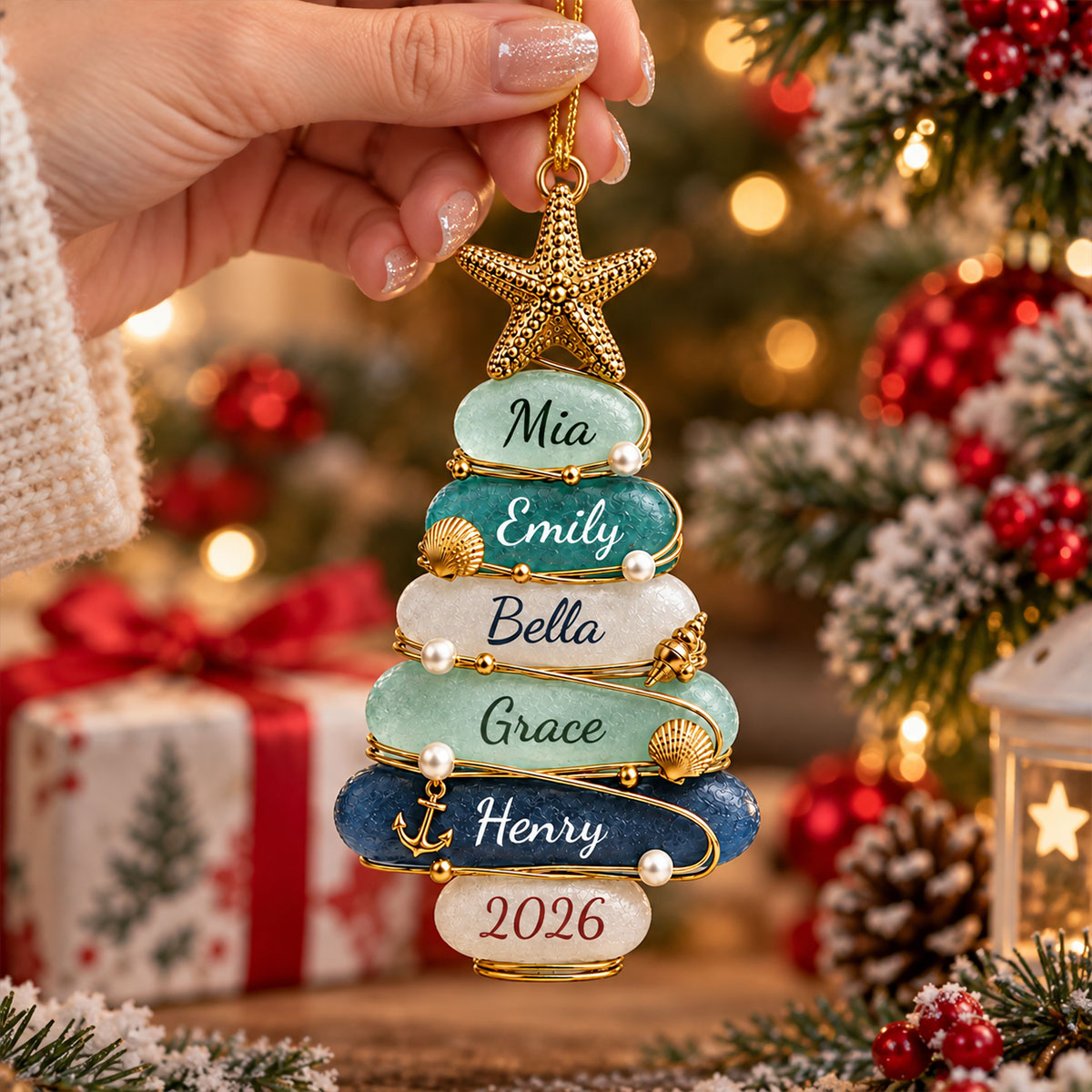 Custom Sea Glass Tree 2026 Ornament, Personalized Coastal Family Christmas Gift