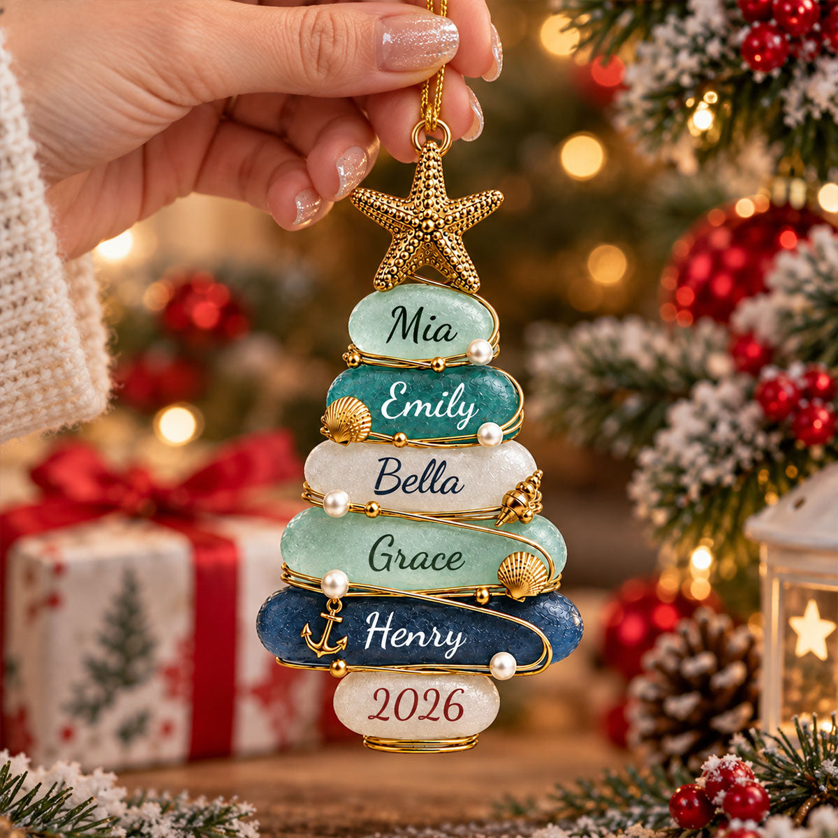 Custom Sea Glass Tree 2026 Ornament, Personalized Coastal Family Christmas Gift