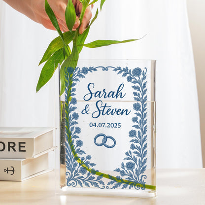 Personalized Wedding Vase with Names & Date - Custom Floral Chinoiserie Vase for Couple Gift, Anniversary, Centerpiece, or Keepsake