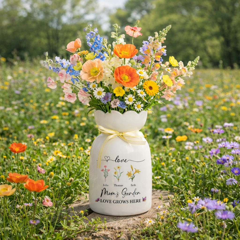 Personalized Grandma's Garden Birth Flower Vase, Custom Name Ceramic Flower Vase, Mothers Day Gift, Anniversary Gift, Floral Home Decor