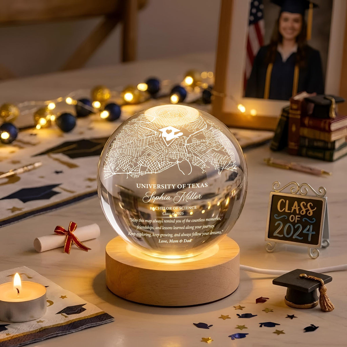 Personalized University Map Crystal Ball Night Light, Custom Graduation LED Lamp Class of 2026, College Grad Keepsake