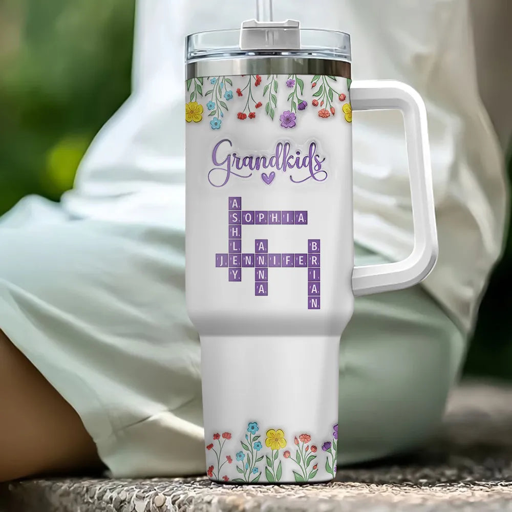 Grandkids Purple Crossword Wildflower Pattern - Personalized 40oz Tumbler - Gift For Grandma Mom, Mother's Day, Birthday Gift