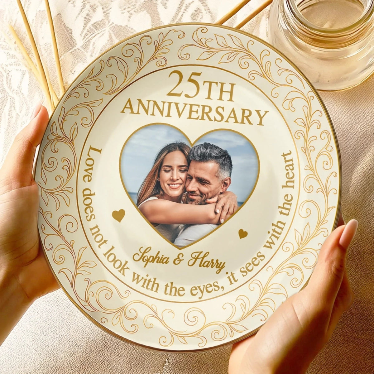 Love Sees With The Heart Custom Couple Photo - Personalized Ceramic Plate - Gift For Husband Wife, Anniversary Gift