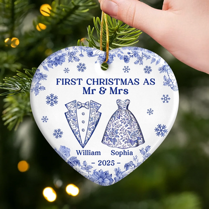 First Chirstmas Anniversary Toile De Jouy Pattern - Personalized Ornament - Gift For Couple, Christmas, Anniversary Gift