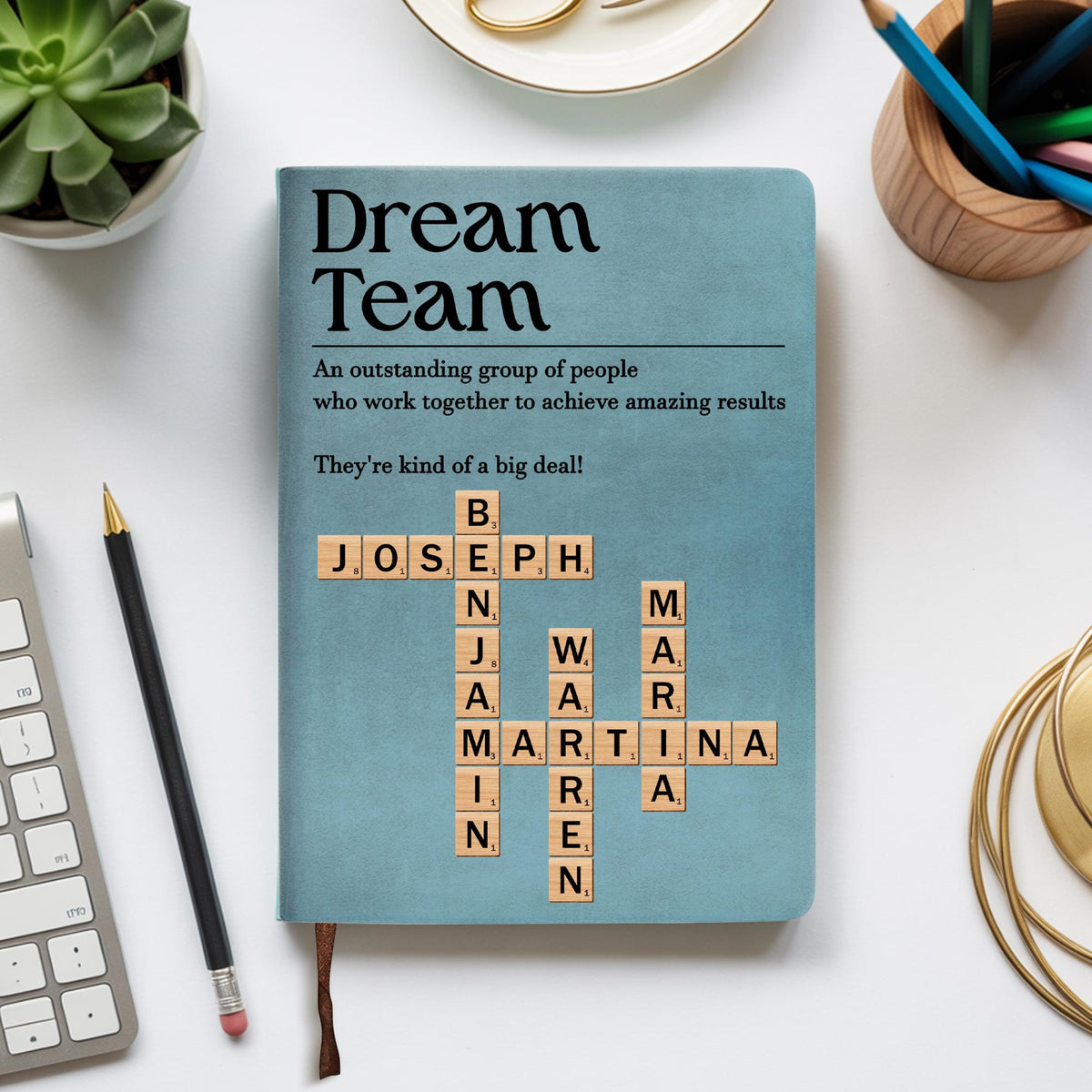 Personalized Dream Team Leather Journal with Custom Scrabble Names, Employee Appreciation Office Notebook Gift, Gift For Coworker