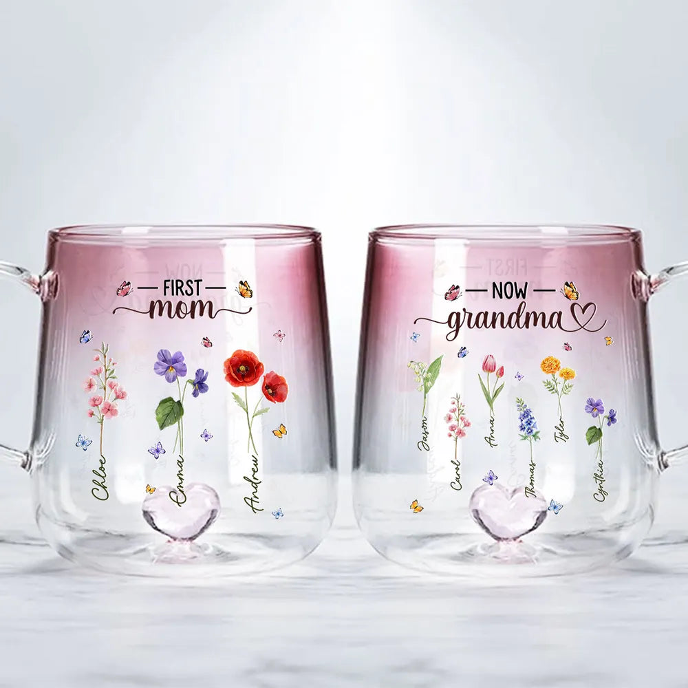 First Mom Now Grandma Flower - Personalized Gradient Glass Mug - Gift For Mom, Grandma