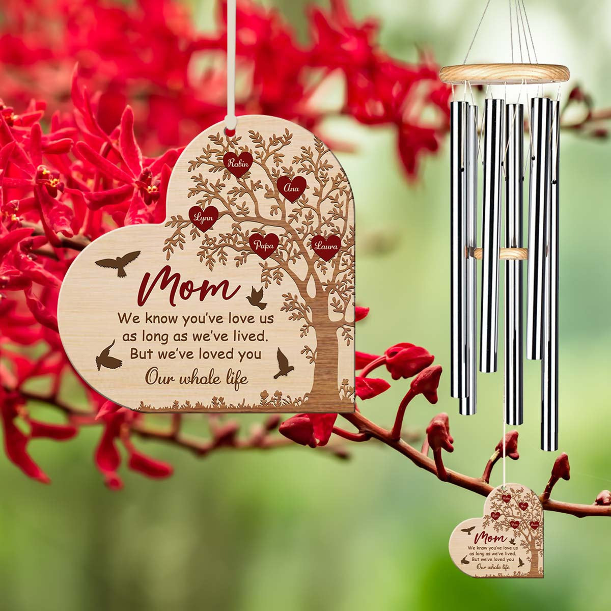 Personalized Mom Wind Chime, Custom Kid Name Sign, Heart Keepsake, Wood Wind Chime, Gift for Grandma, Mother's Day Gift, Home Decor