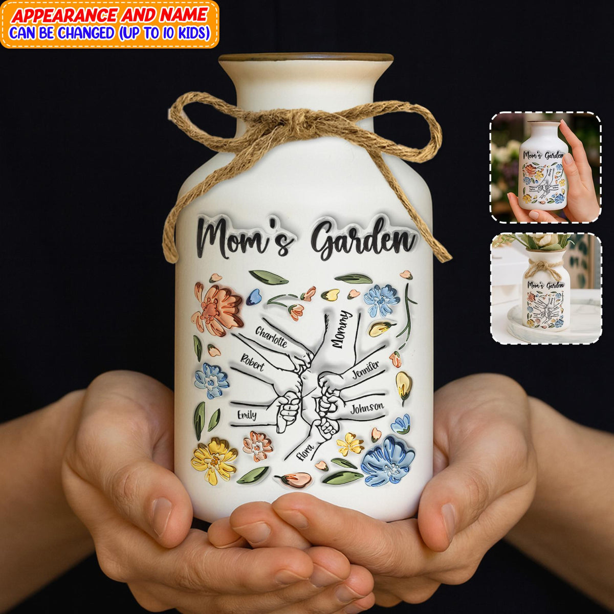 Personalized Mom's Garden Vase, Custom Kid Name Flower Jar, Mother's Day Gift, Family Flower Pot, Unique Mom Decor