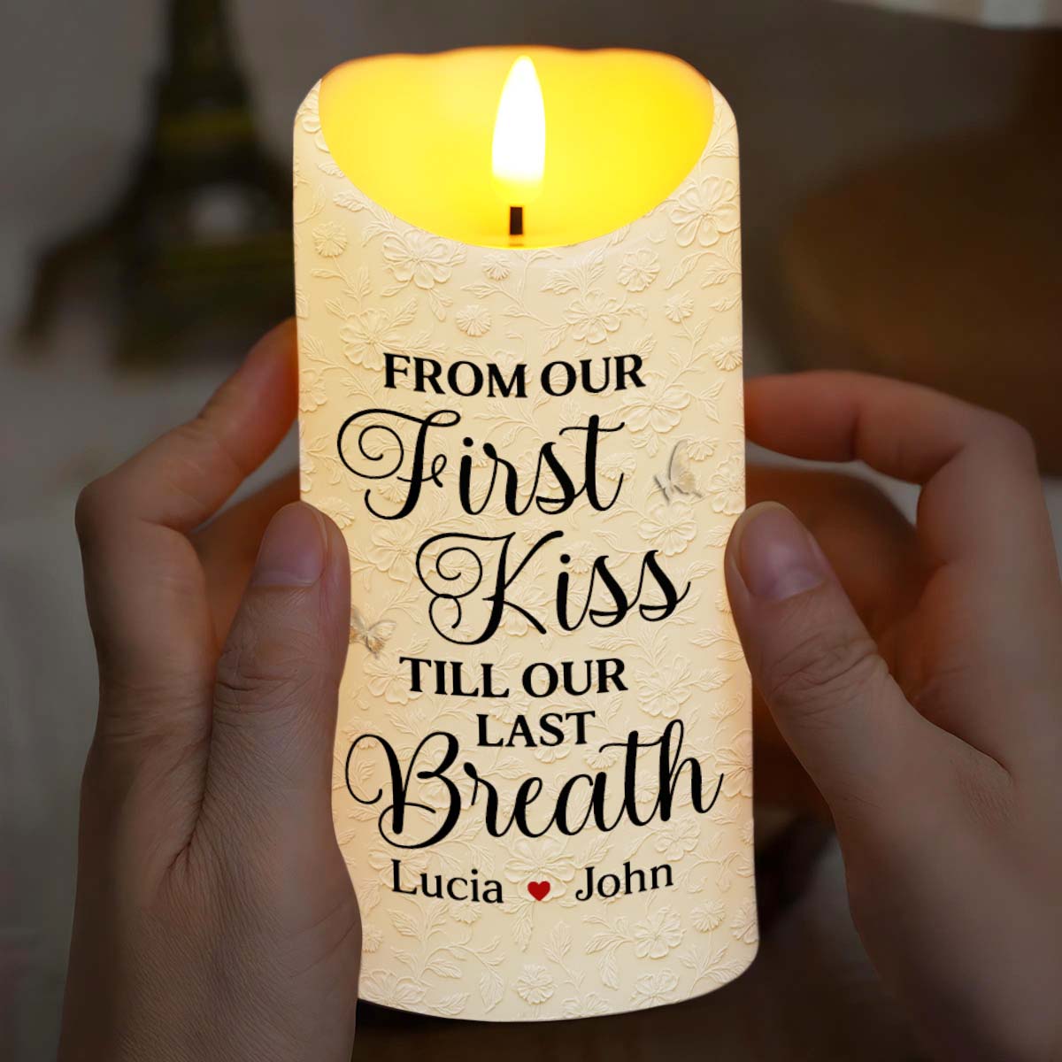 From Our First Kiss Till Our Last Breath With Roses and Wedding Imagery, Custom LED Candle, Gift For Couples