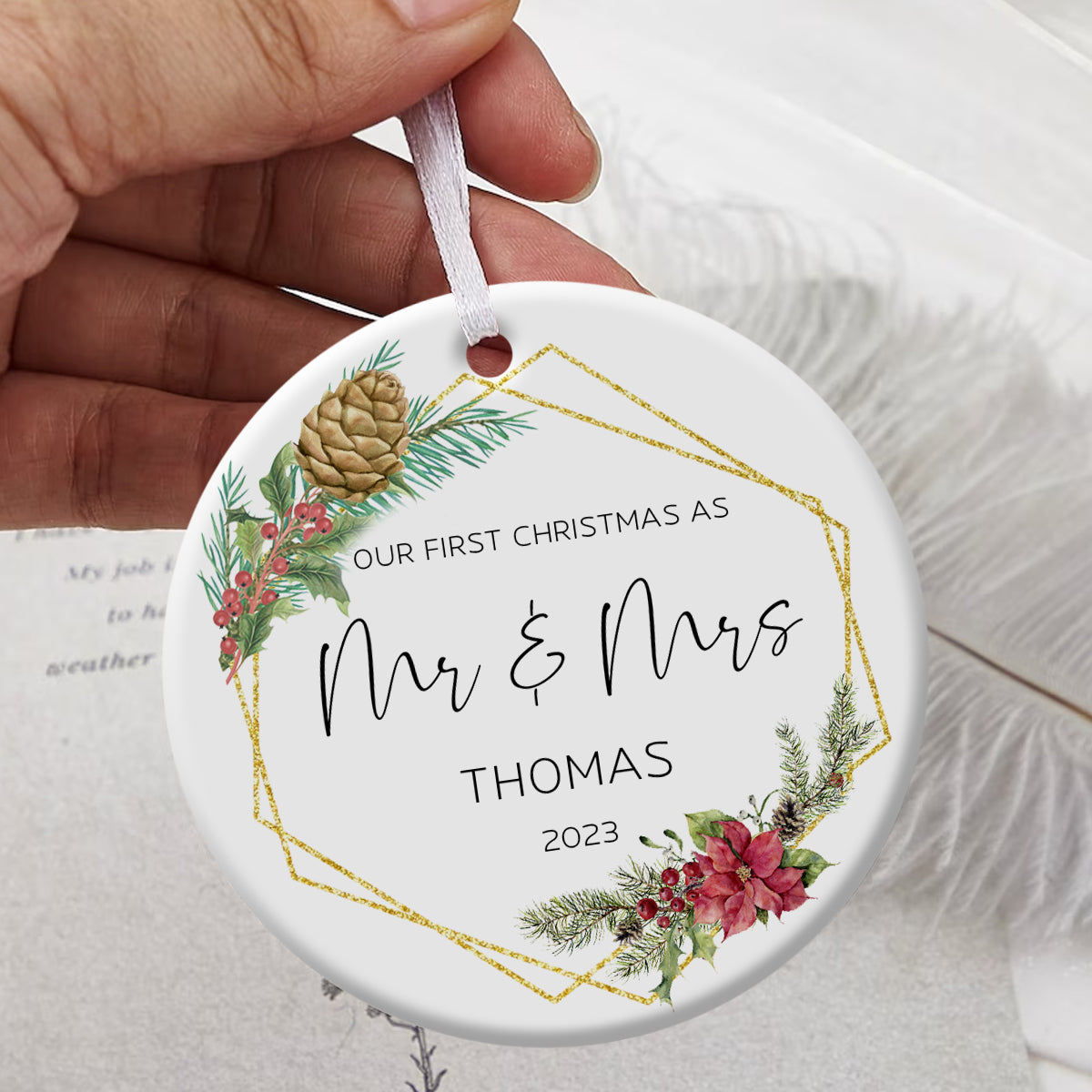 Poinsettia Christmas Flower Married - Personalized Ornament - Christmas Gift