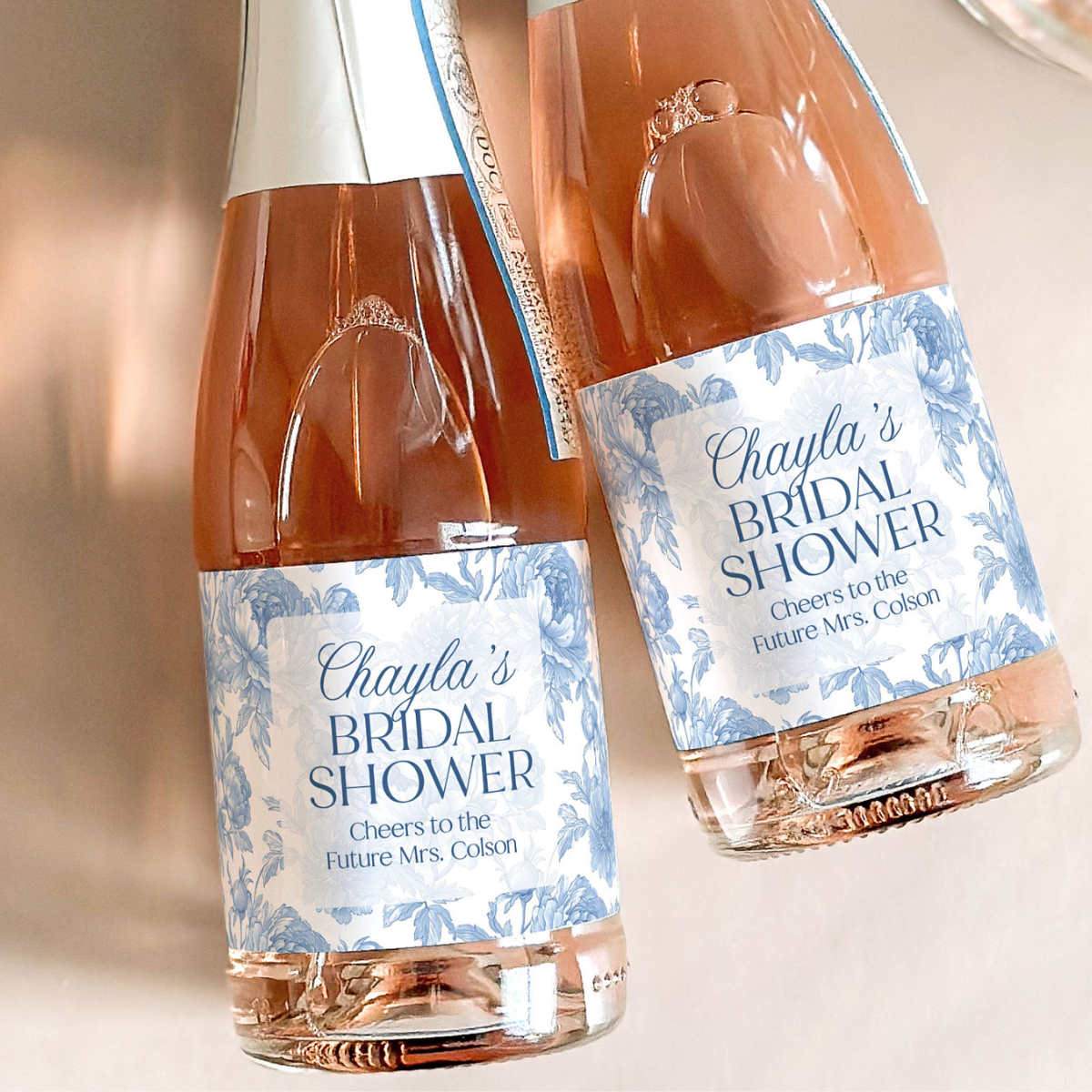 Blue Floral Bridal Shower Champagne Labels, Chinoiserie Bridal Shower Favor, Vintage Something Blue Bridal Shower Gift, French Shower