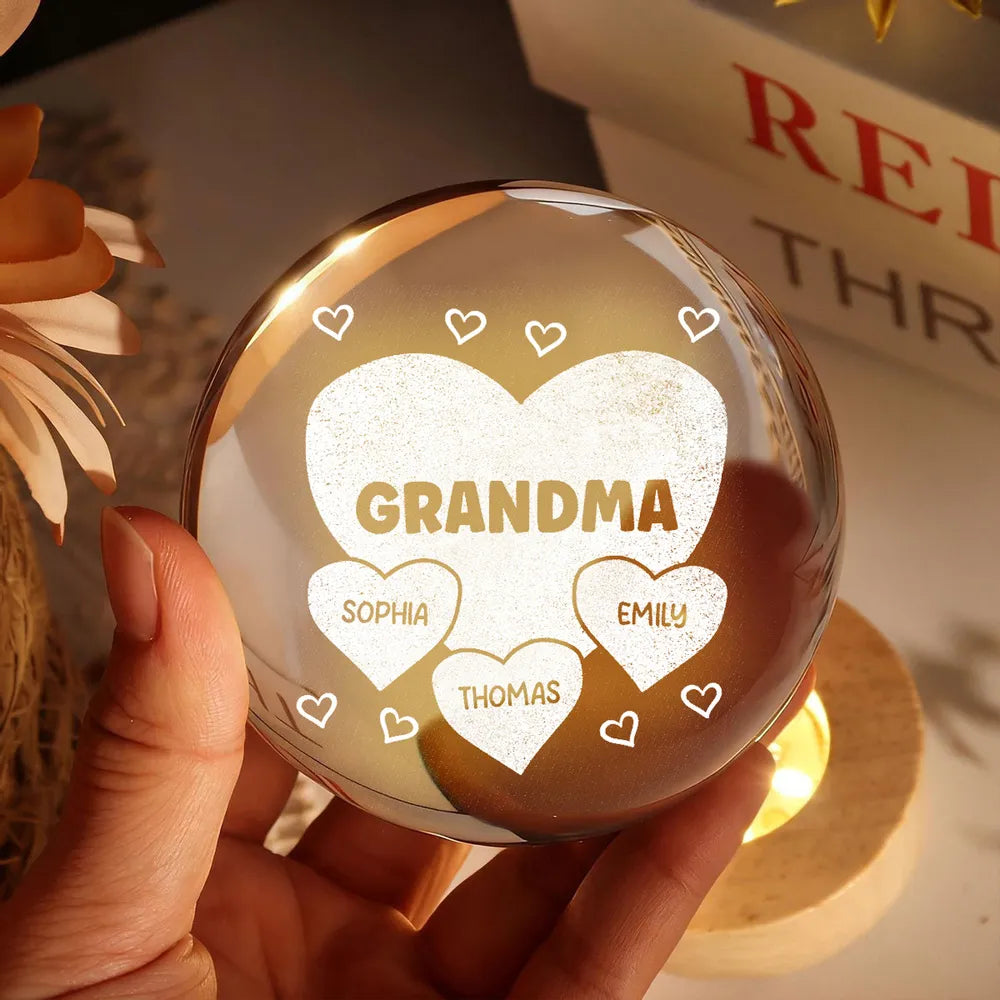 Grandma Mom Hearts Custom Kids Names - Personalized Crystal Ball LED Night Light - Gift For Grandma, Mom