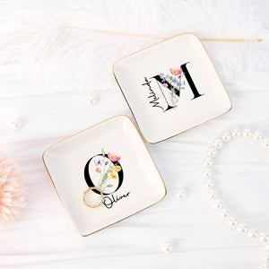Coloful Flower Ring Dish with Letter, Personalized Initial Jewelry Dish with Name, Bridal Party Favors,Trinket Dish, Wedding Bridesmaid Gift