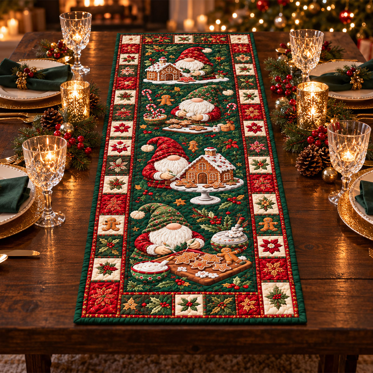 Christmas Quilted Table Runner, Holiday Winter Dining Table Decor