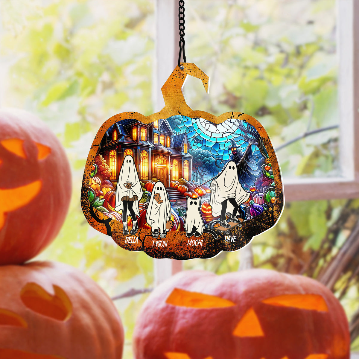 Halloween Ghost Family - Personalized Suncatcher Ornament - Halloween Gift For Family