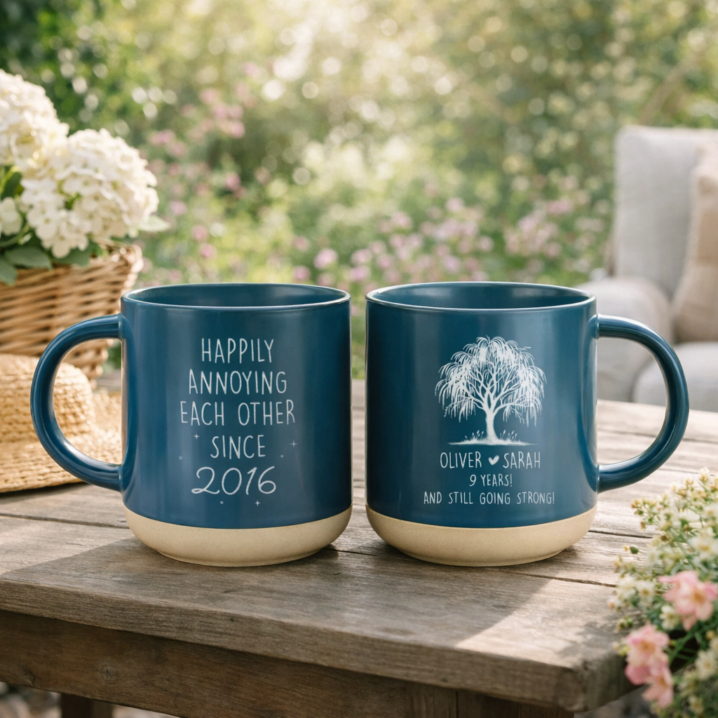 9th Anniversary Willow Pottery Mug, Anniversary Mug, Willow Tree 9 Year Anniversary Personalized Mug, 9th Anniversary Gift For Her