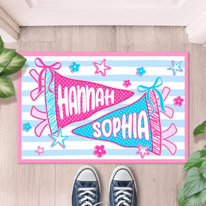 Personalized Pennant Name Dorm Welcome Mat: Preppy Bow Dorm Decor For College Girl, Best Roommate Gift, Stripped Apartment Decor For Bestie
