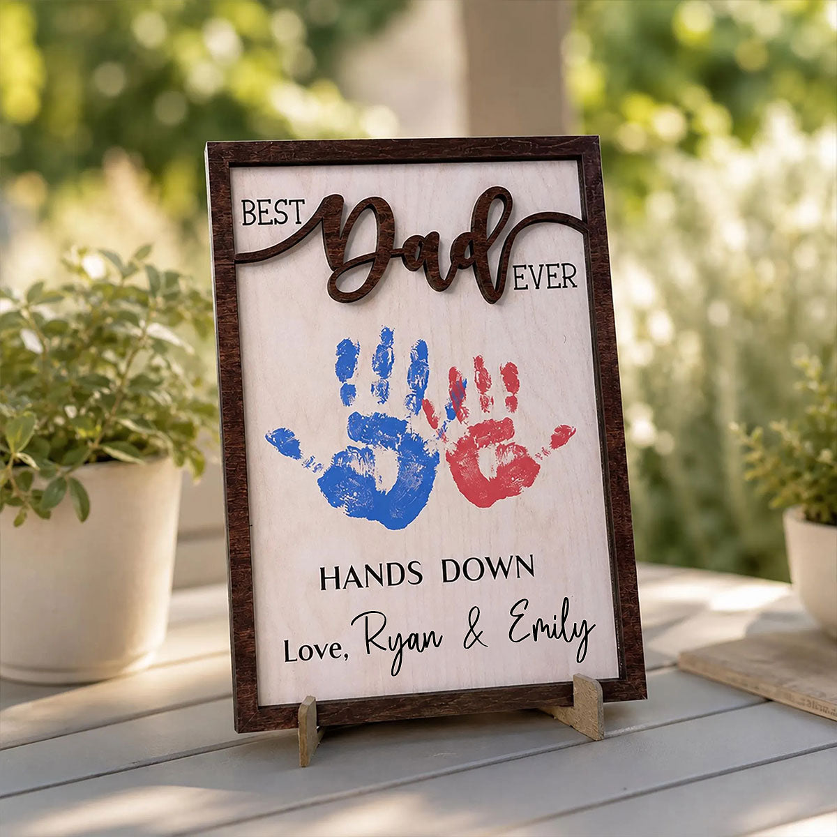 Handprint Sign Fathers Day 2026 Gift, Celebrate Dad with Handprints, Custom Engraved Wooden Sign