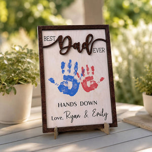 Handprint Sign Fathers Day 2026 Gift, Celebrate Dad with Handprints, Custom Engraved Wooden Sign