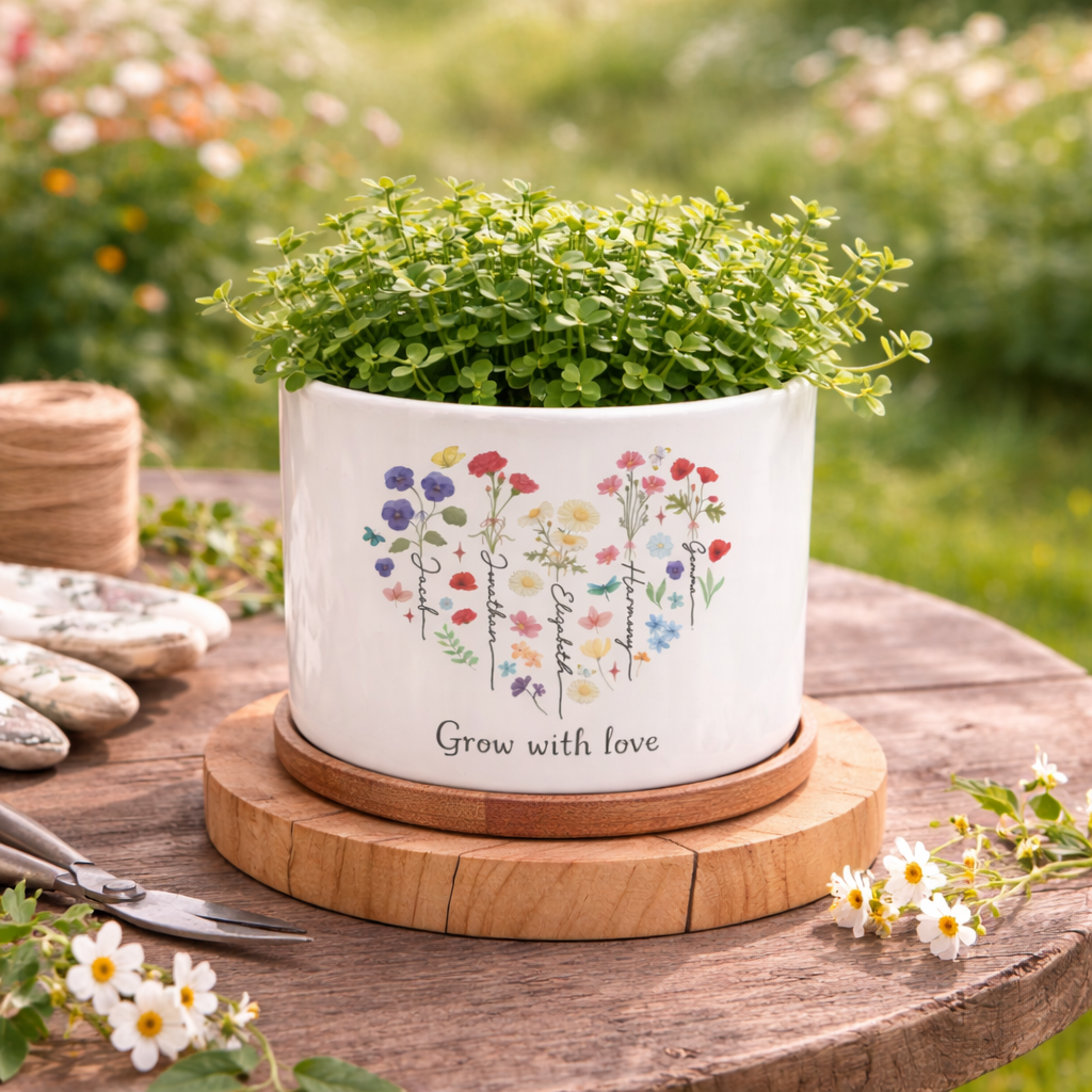 Personalized Birth Month Flower Plant Pot, Custom Flower Vase, Gift for Planter Lovers, Outdoor Flower Pot, Mothers Day Gift, Grandma Garden