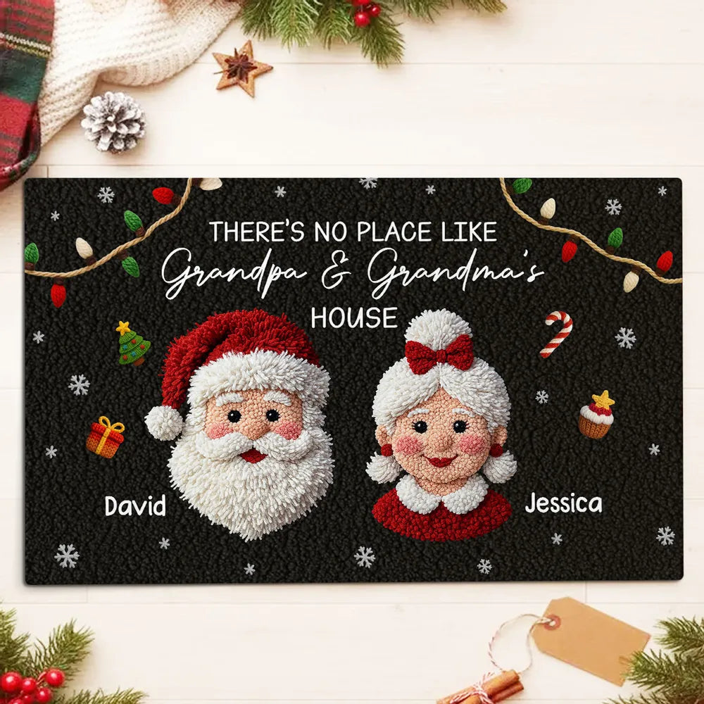No Place Like Grandma Grandpa Santa Claus - Personalized Doormat - Faux Yarn Effect Christmas Decor, Gift for Grandparents