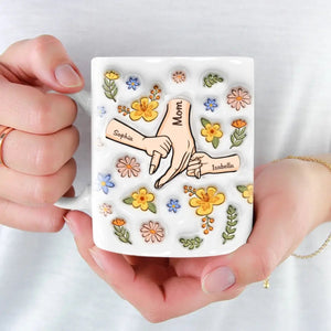Mom And Kids Hands Colorful Flowers - Personalized 3D Inflated Effect Printed Mug - Gift For Mother