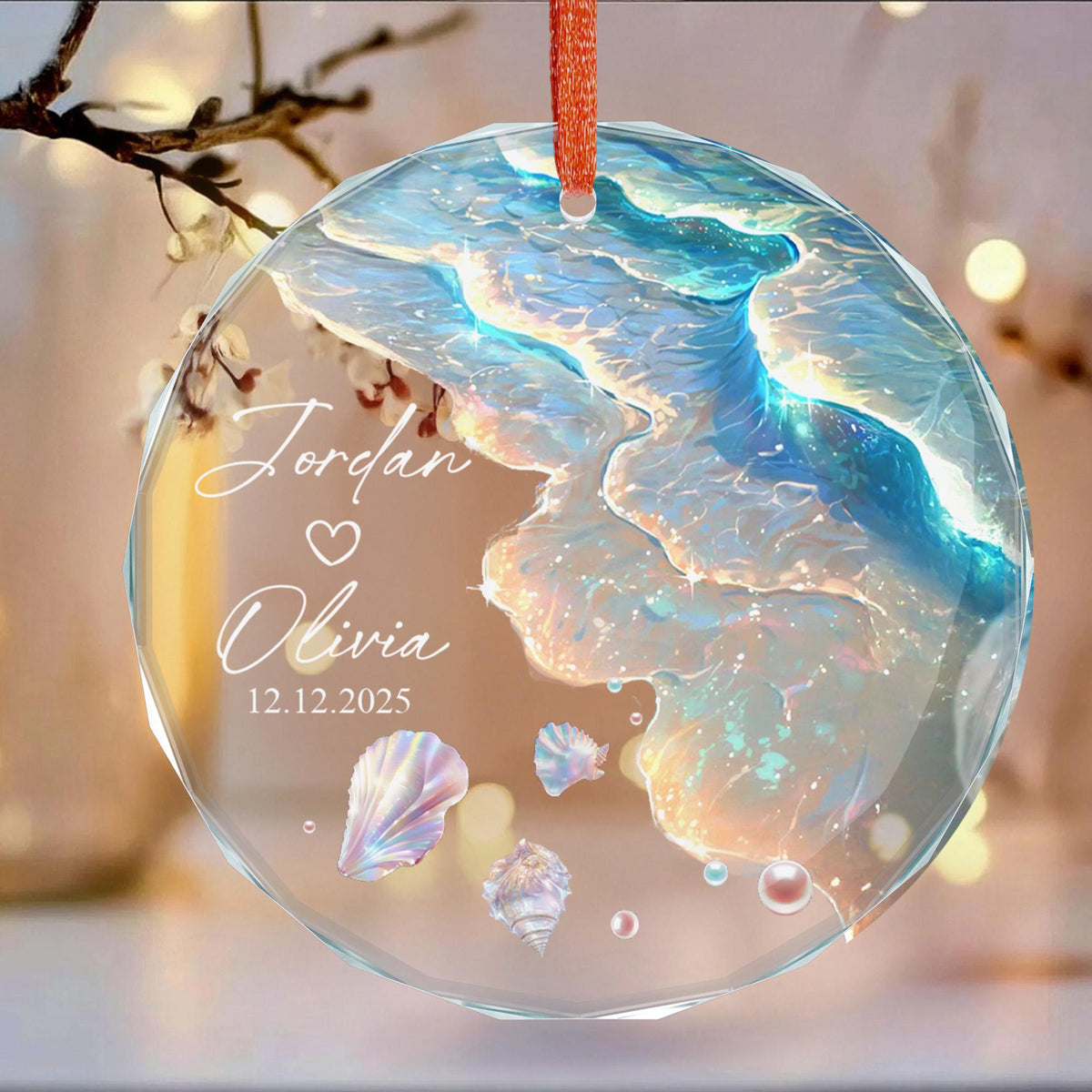 Personalized Ocean Wave Ornament, Custom Engagement Wedding Gift for Couple, Beach Mermaid Tail Keepsake, Mr & Mrs Anniversary Present