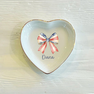 Personalized American Flag Bow Ring Dish, American Ring Dish, Girly Jewelry Dish, Wedding Favor, 4th of July Gift