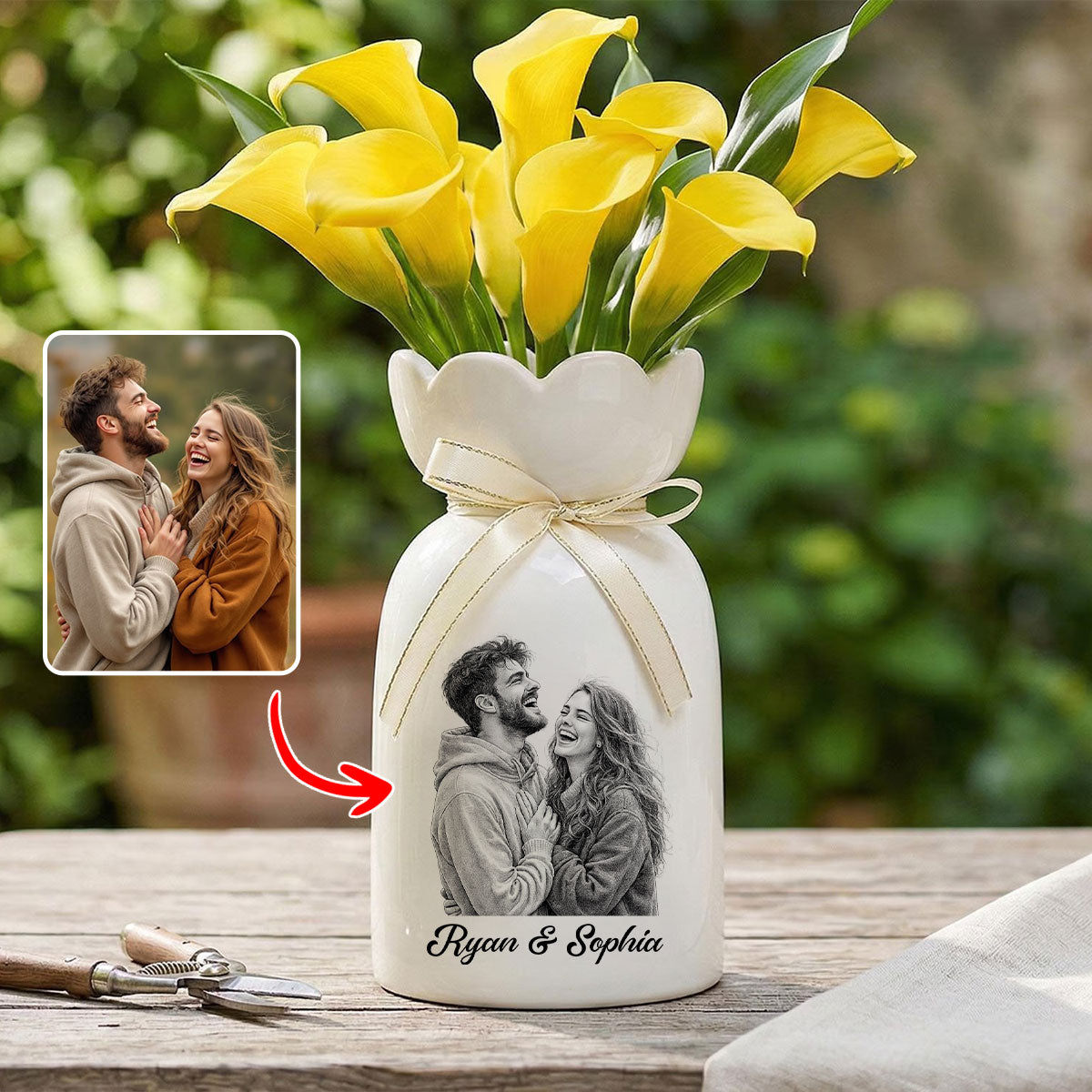 Custom Line Portrait Flower Vase, Personalized Ceramic Flower Vase with Couple Photo Drawing, Wedding Anniversary