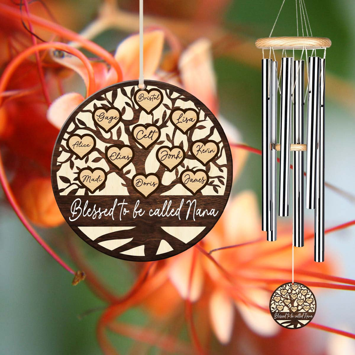 Blessed To Be Called Nana Family Tree With Kid Name - Personalized Windchime - Gift For Mom, Grandma, Mother's Day, Birthday Gift