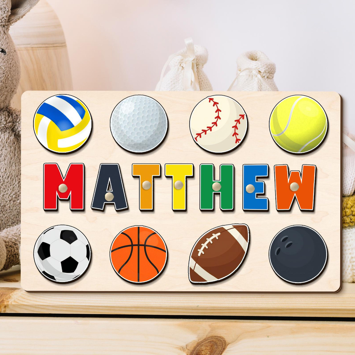 Birthday Gift for Boys, Custom Wooden Name Puzzle, Baby Shower Gift, Personalized Name Puzzle with Balls, Ball Game Sports Theme Name Puzzle