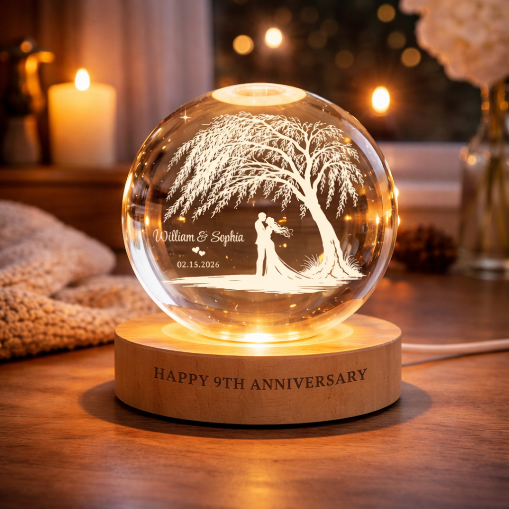 Personalized Willow Tree Crystal Ball LED Night Light, Names Anniversary Lamp, 9th Anniversary Gift, Romantic Wedding Gift for Couples