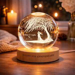 Personalized Willow Tree Crystal Ball LED Night Light, Names Anniversary Lamp, 9th Anniversary Gift, Romantic Wedding Gift for Couples