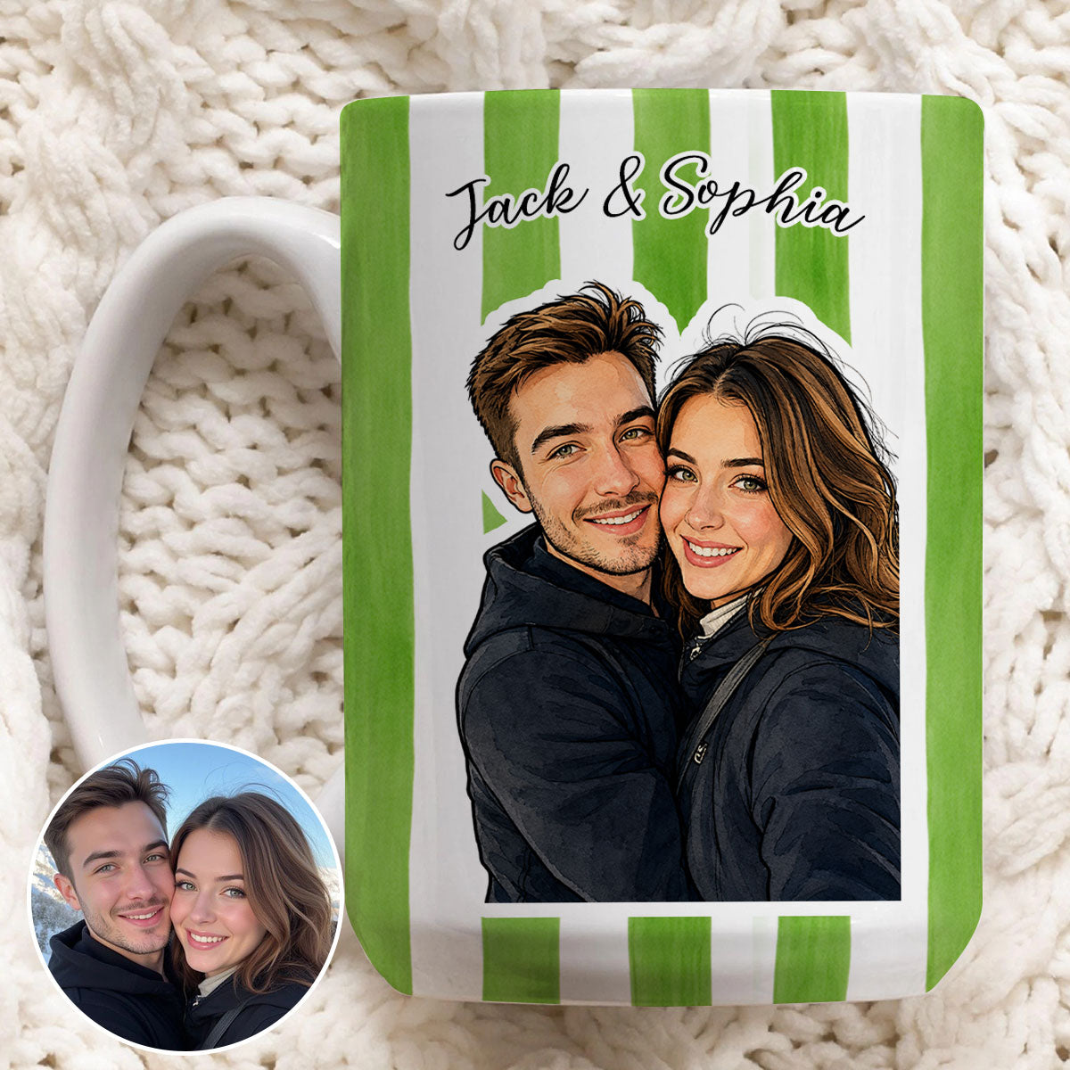 Cabana Stripe Mug - Photo Upload - Personalized Couple Mug, Watercolor Portrait Couple, Friends, Family, Pets