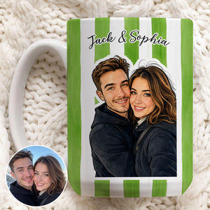 Cabana Stripe Mug - Photo Upload - Personalized Couple Mug, Watercolor Portrait Couple, Friends, Family, Pets