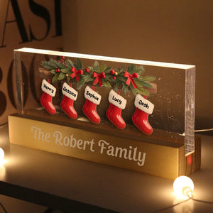 Family Christmas Stockings 3D Effect - Personalized 3D LED Light Wooden Base - Christmas Gift For Family