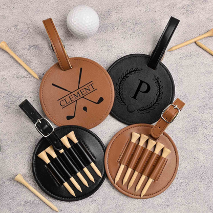 Engraved Leather Golf Bag Tag with Tees: Personalized Golf Gift