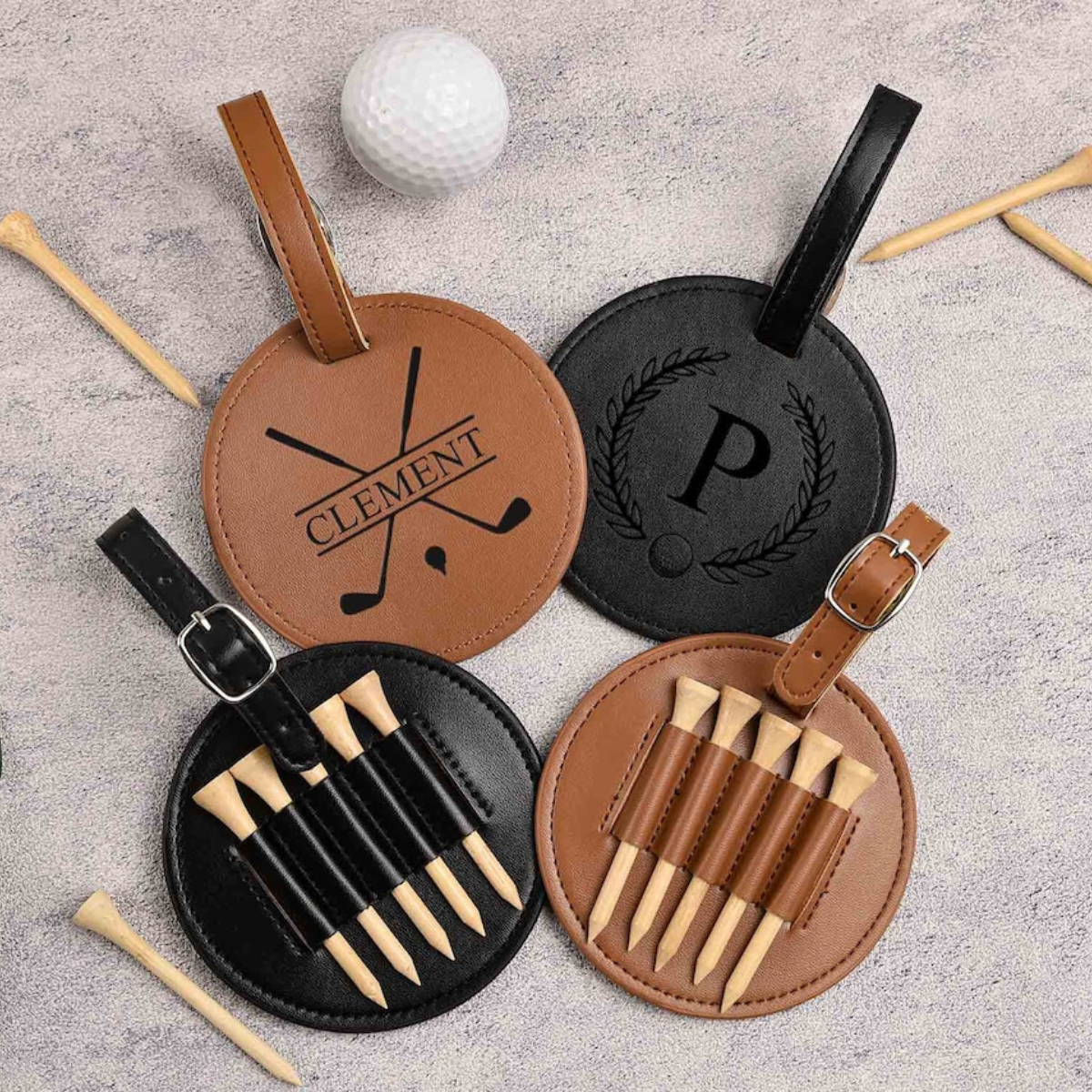 Engraved Leather Golf Bag Tag with Tees: Personalized Golf Gift