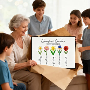 3D Sea Glass Birth Month Flowers Grandma's Garden - Personalized Canvas - Gift For Grandma, Mom, Birthday Gift