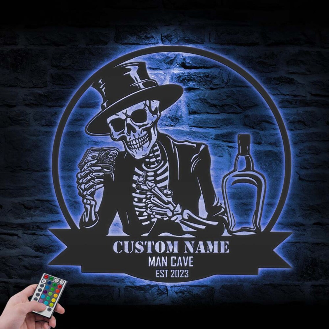 Custom Skeleton Bourbon Cigar Dollars Metal Wall Art LED Light, Personalized Whiskey Bar Pub Name Sign Decor, Man Cave Halloween Decoration