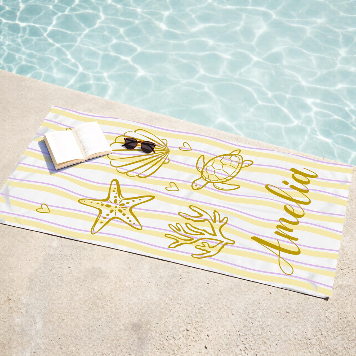 Personalized Shell & Sea Turtle Beach Towel, Custom Name Summer Beach Blanket, Spa, Pool, Travel, Fun Ocean Gift