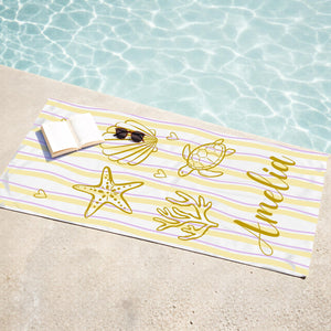 Personalized Shell & Sea Turtle Beach Towel, Custom Name Summer Beach Blanket, Spa, Pool, Travel, Fun Ocean Gift