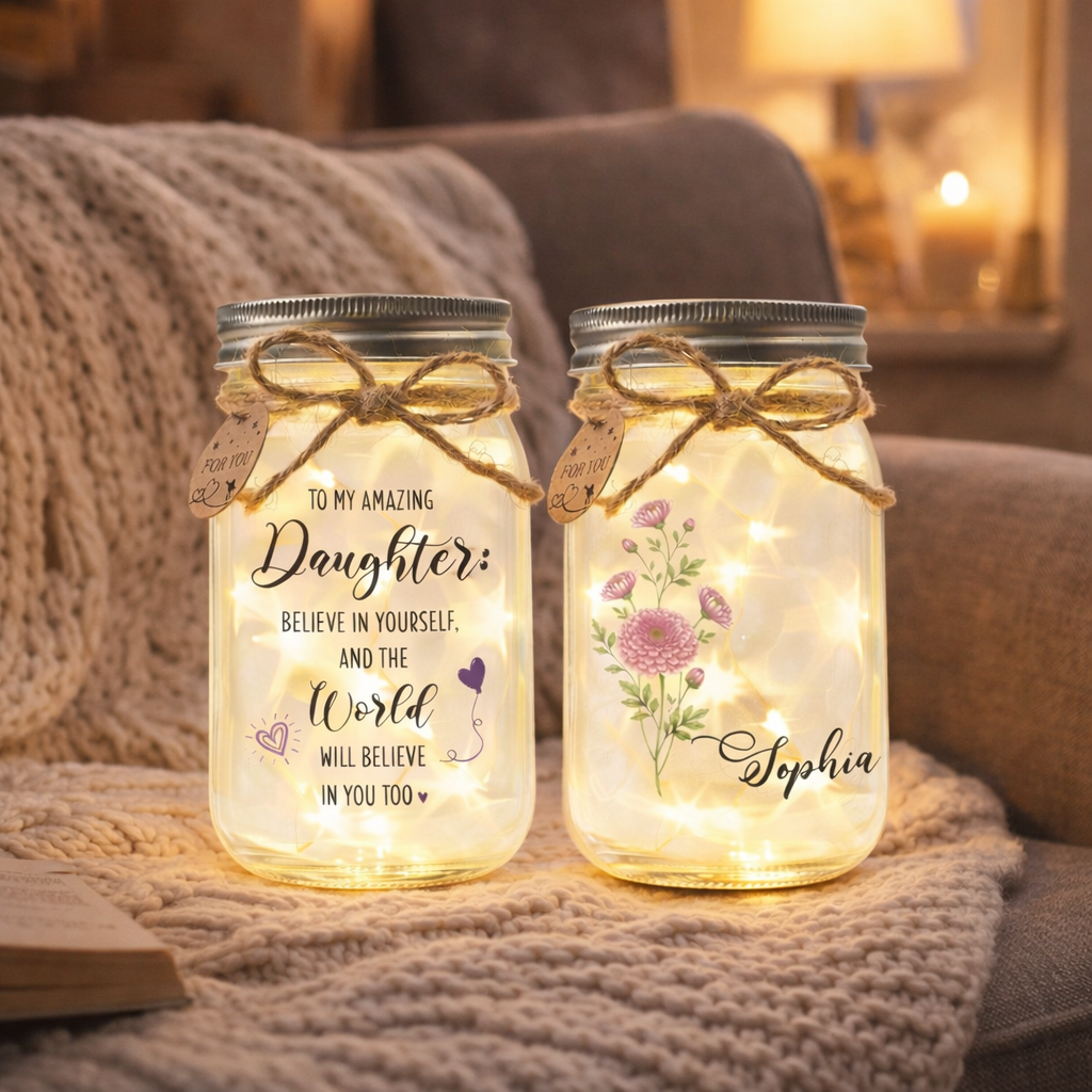 Gift for Daughter, Personalized Birth Month Flower Mason Jar Light, Meaningful Birthday & Inspirational Gift