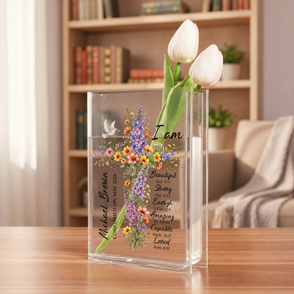 Floral Cross Journal With Custom Name Clear Acrylic Book Vase for Flowers, Transparent Flower Vase for Home Decor