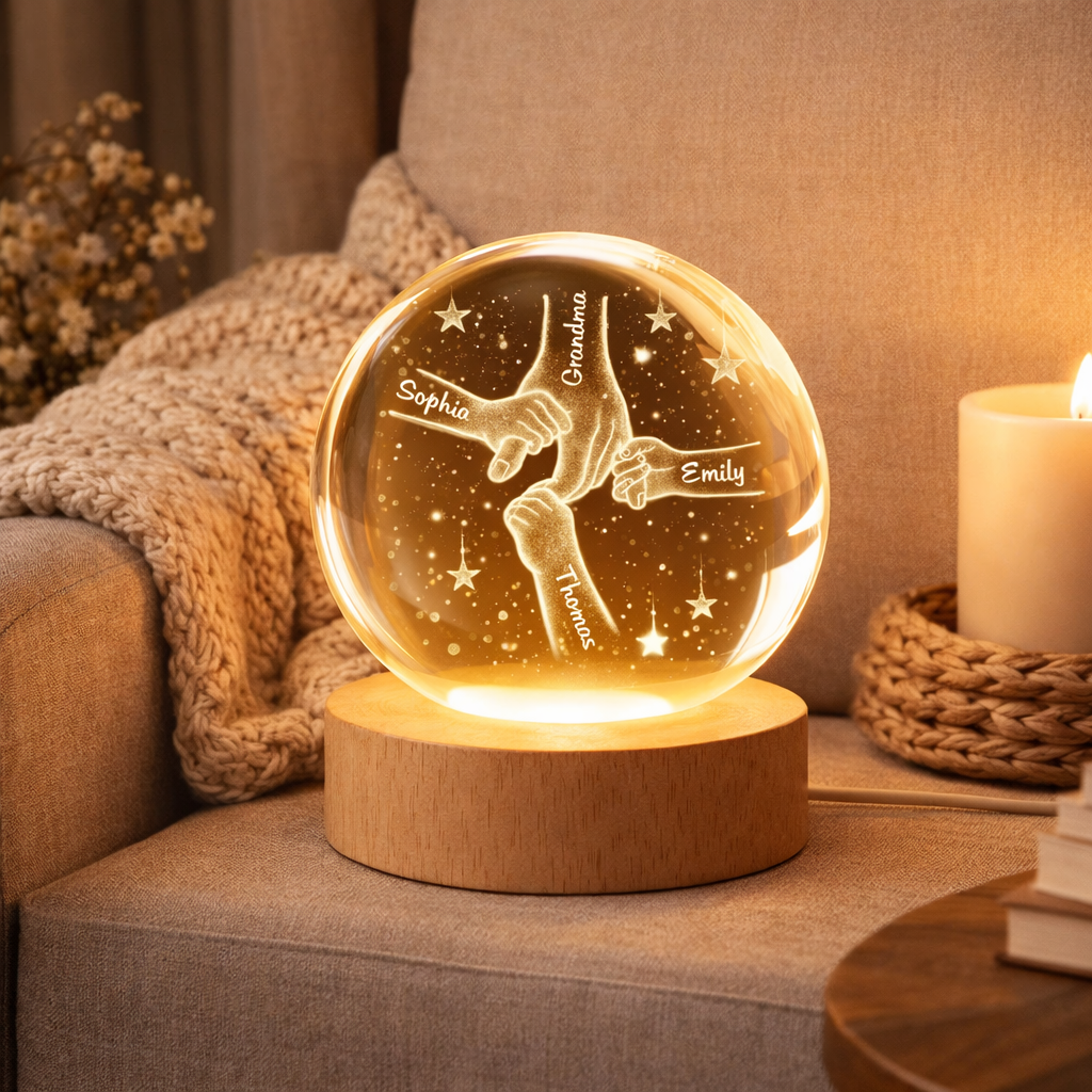 Mom Grandma Kids Holding Hands - Personalized Crystal Ball LED Night Light - Sentimental Mother's Day Gift for Mom, Grandma, Wife